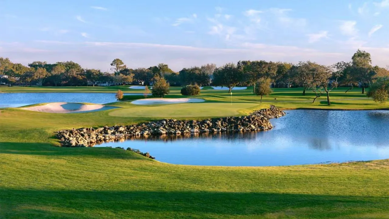 Arnold Palmer Bay Hill golf course with water hazards and sand traps in southwest Orlando Florida