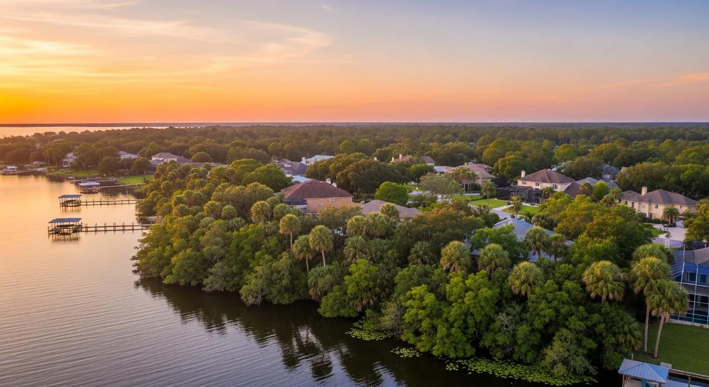 Aerial sunset view of Lake Conway and lakefront homes with docks in Belle Isle Florida
