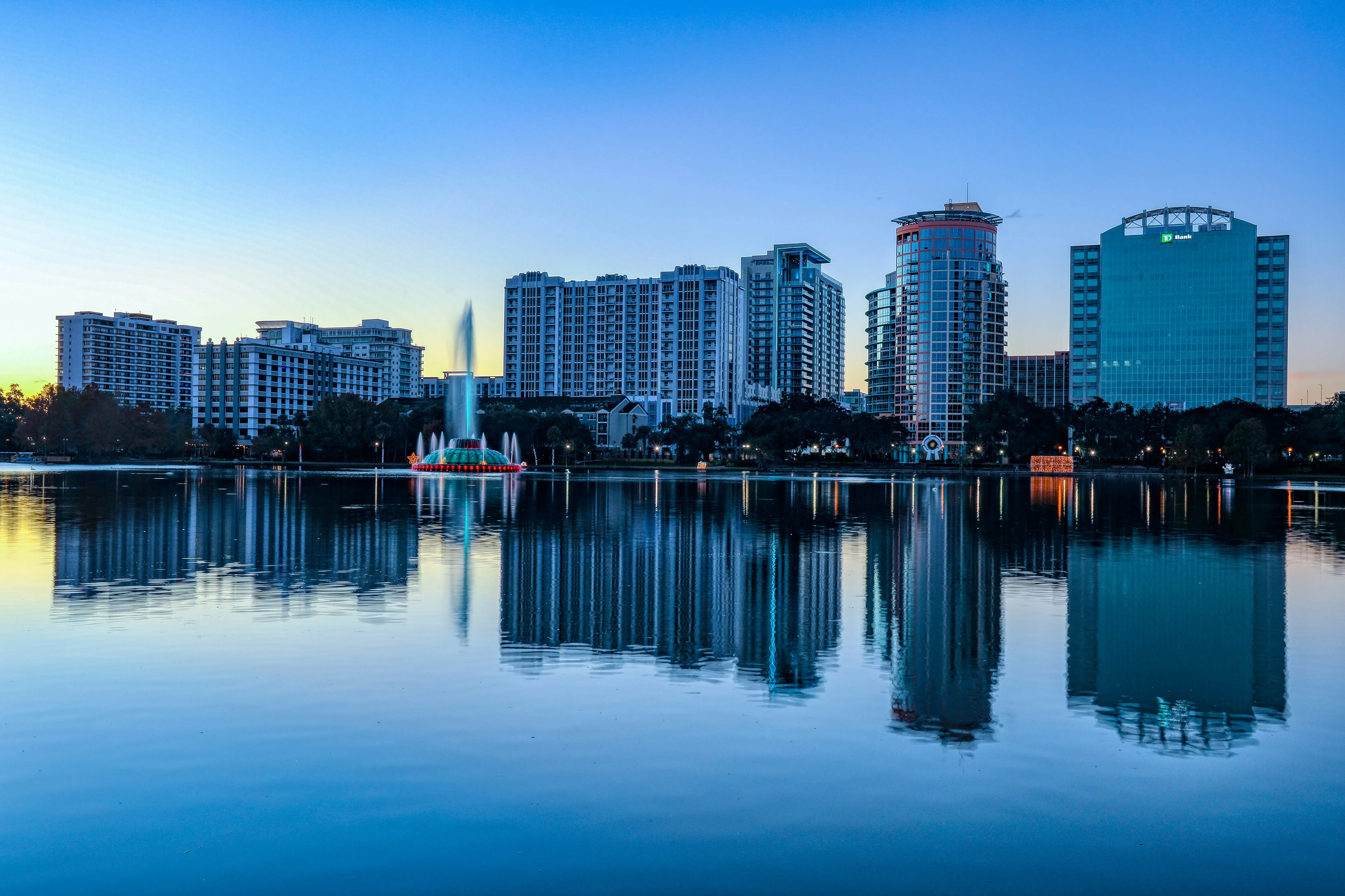 Downtown Orlando skyline with Lake Eola in Central Florida
