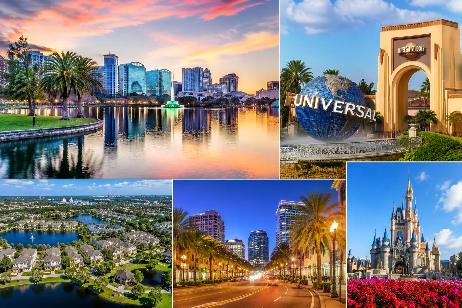 Central Florida skyline and landmarks including Orlando, lakes, and communities