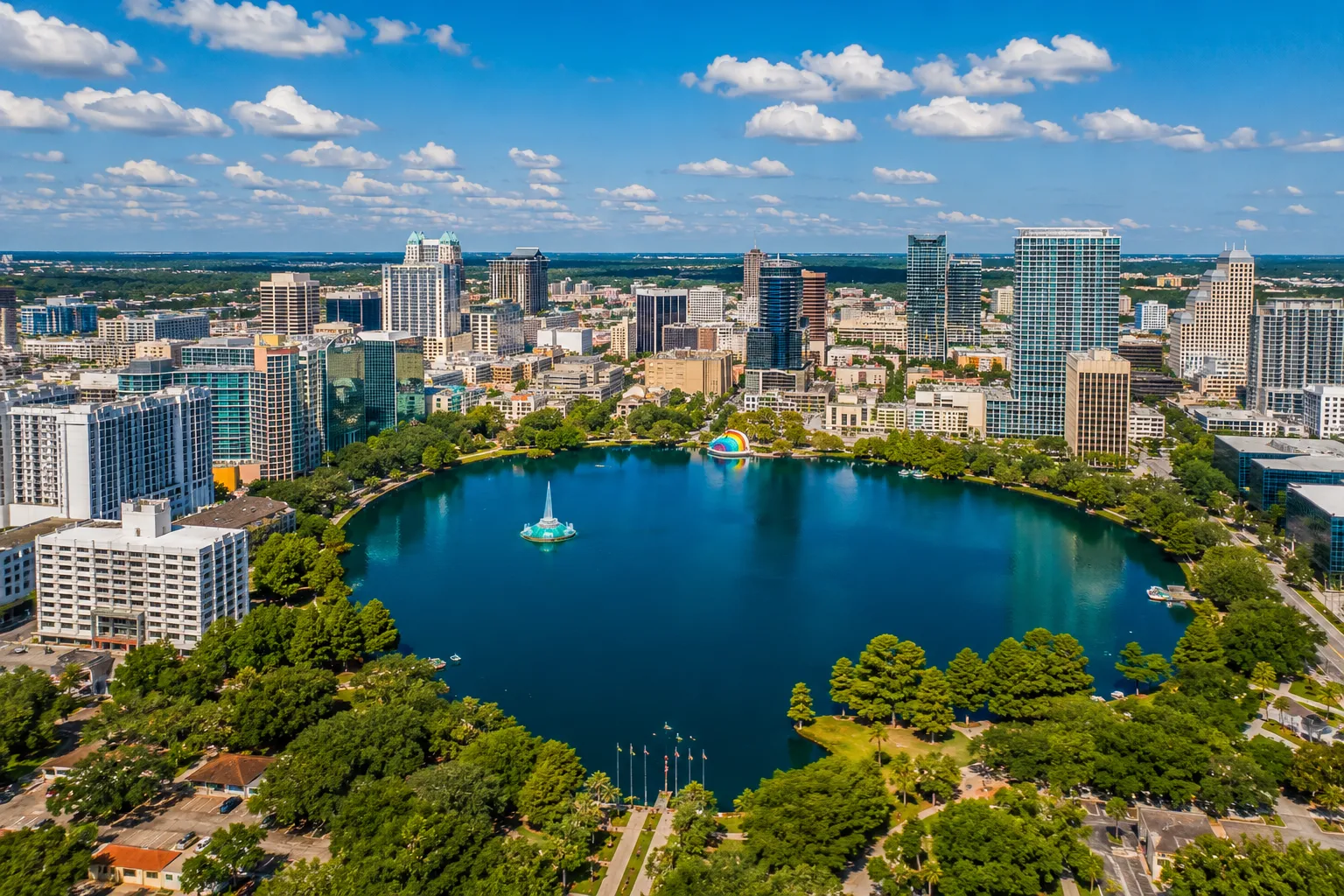 Aerial view of Lake Eola and downtown Orlando Florida
