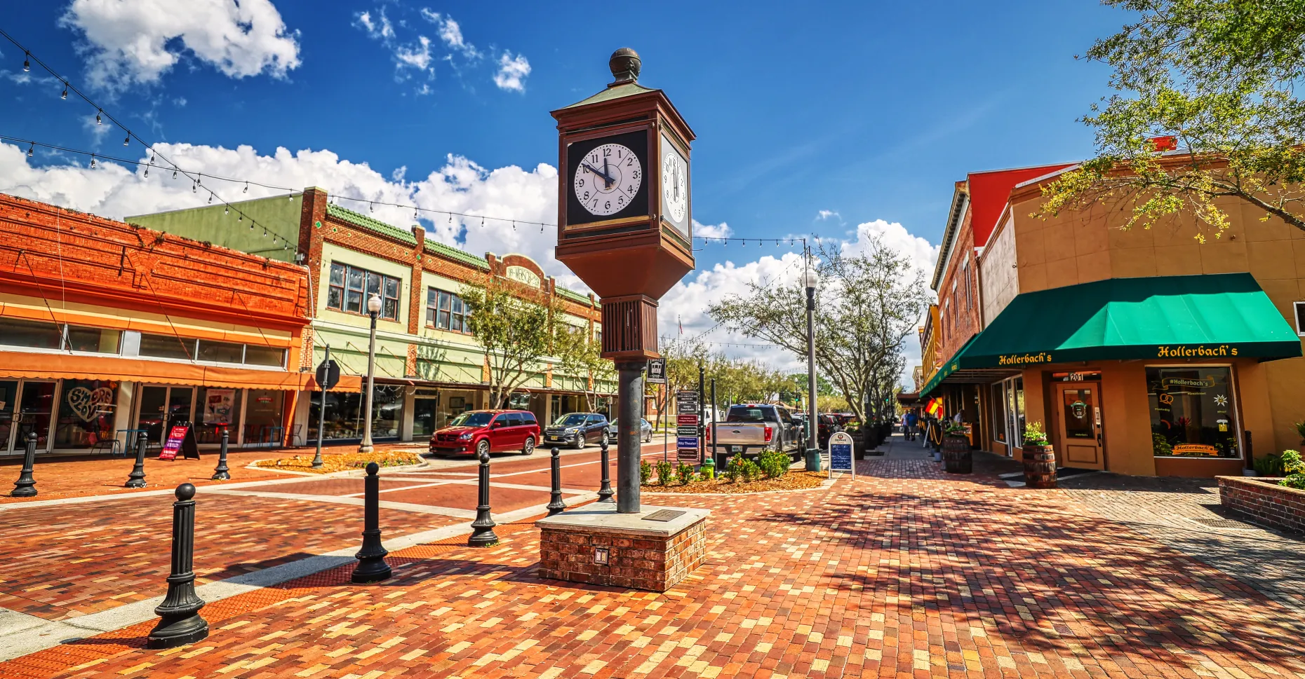 Historic Downtown Sanford Florida clock tower and brick-lined streets